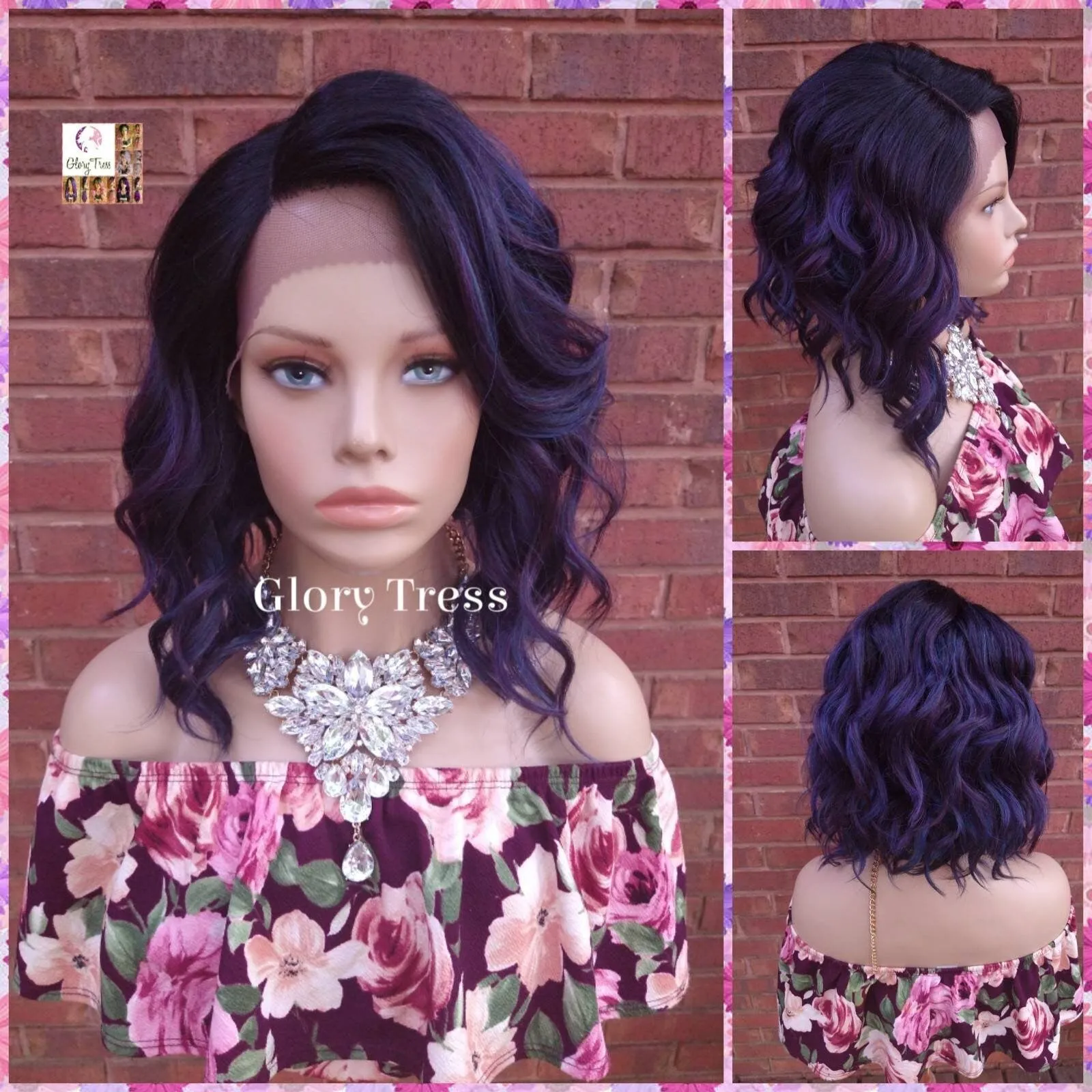 NEW ARRIVAL // Lace Front Wig, Wig, Bob Wig, Ombre Purple Blue Wig, Wavy Bob Wig, Lace Part Wig, Glory Tress, Ready To Ship // PRECIOUS