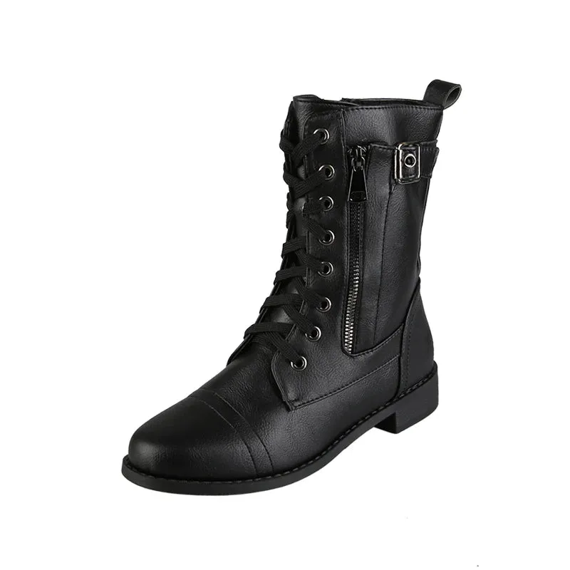 New Women's Boots Fashion Side Zip Round Toe Biker Boots Solid Color Lace-Up Chunky Heel Casual Shoes Coturno Feminino