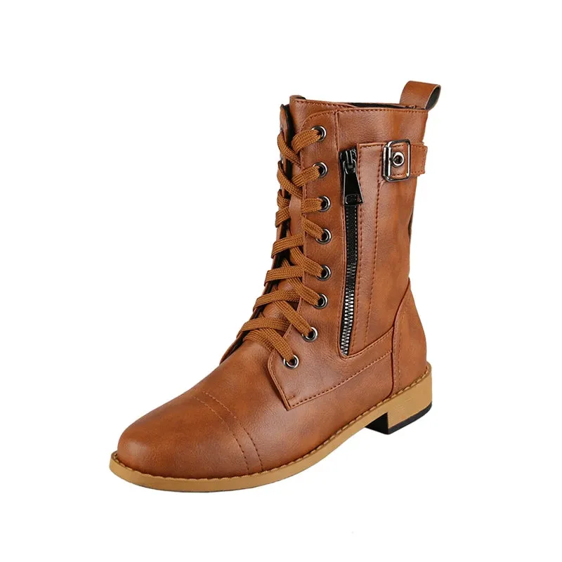 New Women's Boots Fashion Side Zip Round Toe Biker Boots Solid Color Lace-Up Chunky Heel Casual Shoes Coturno Feminino