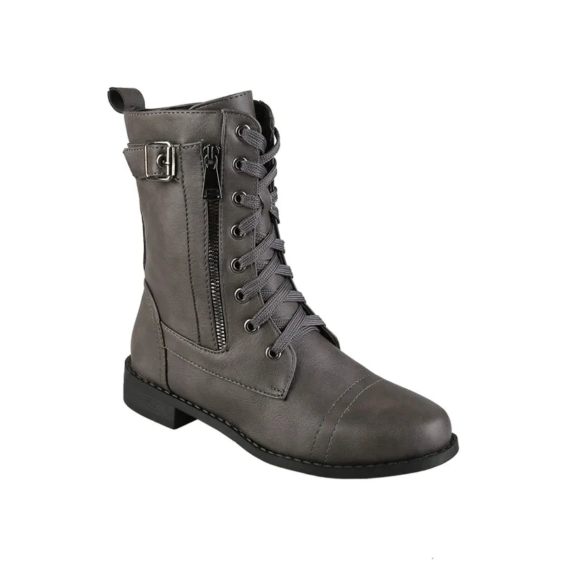New Women's Boots Fashion Side Zip Round Toe Biker Boots Solid Color Lace-Up Chunky Heel Casual Shoes Coturno Feminino