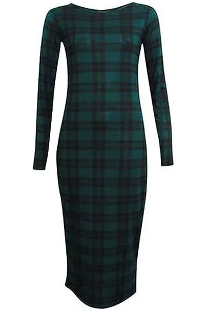 Plus Size Bodycon Stretch Tartan Print Midi Dress