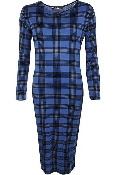 Plus Size Bodycon Stretch Tartan Print Midi Dress