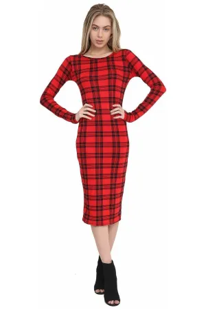 Plus Size Bodycon Stretch Tartan Print Midi Dress
