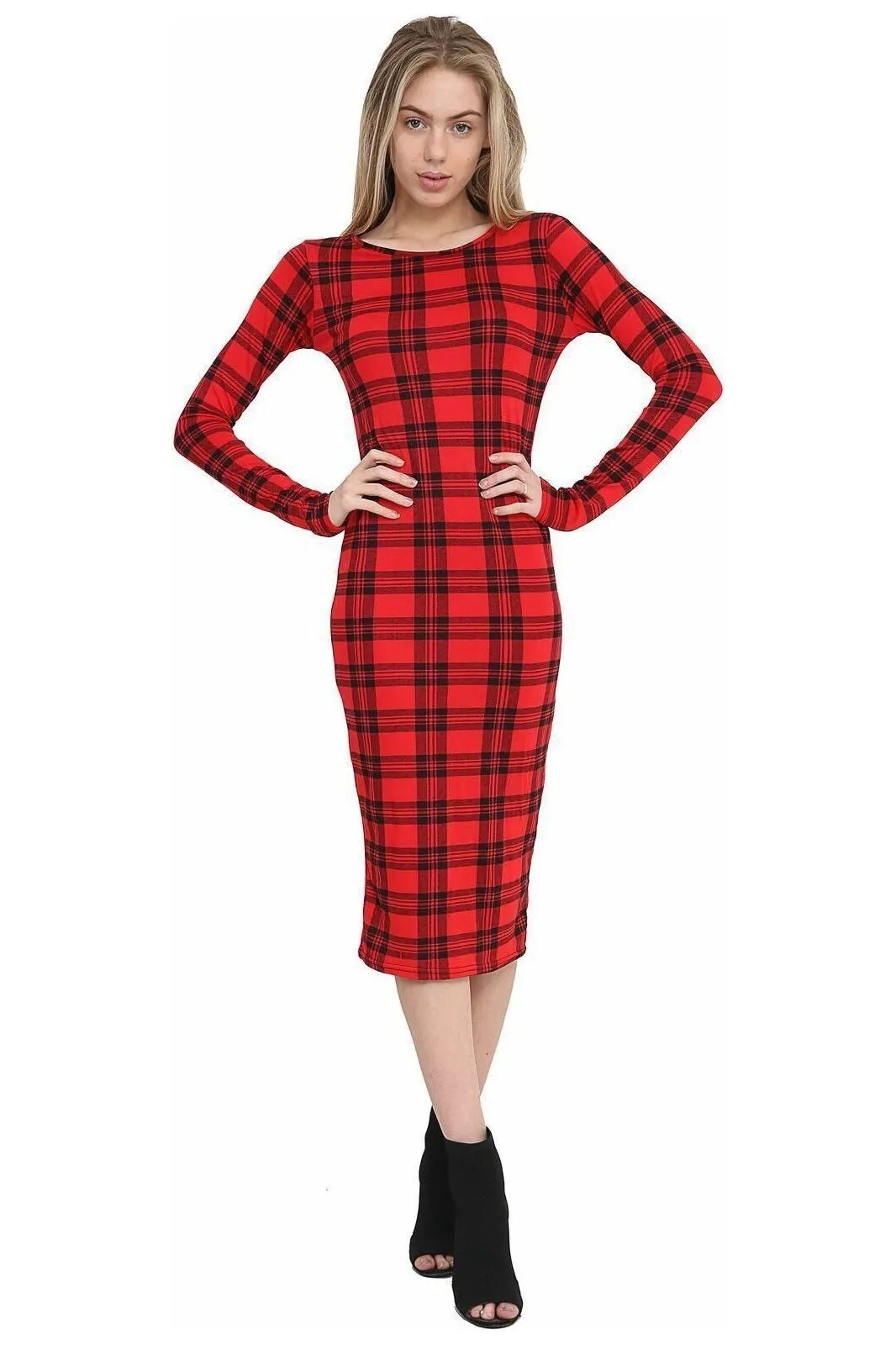 Plus Size Bodycon Stretch Tartan Print Midi Dress