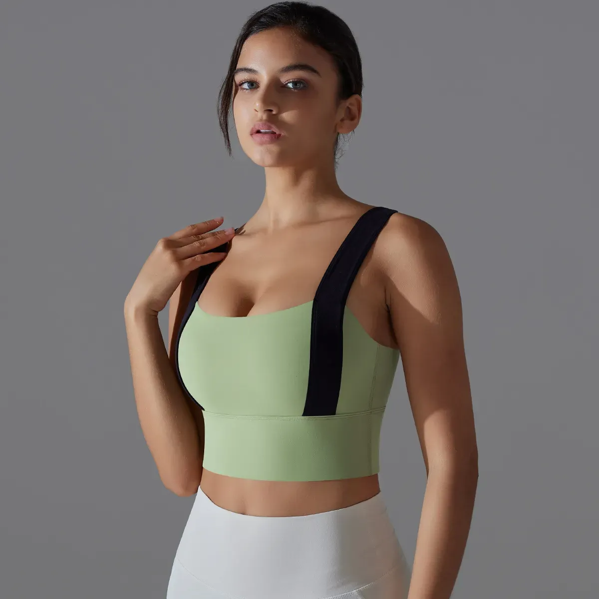 Rina Wide Strap Contrast Panel Longline Sports Bra