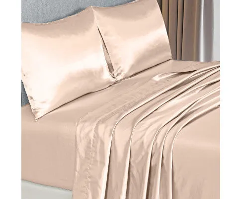 Royal Comfort Satin Sheet Set 4 Piece Fitted Flat Sheet Pillowcases - Champagne Pink