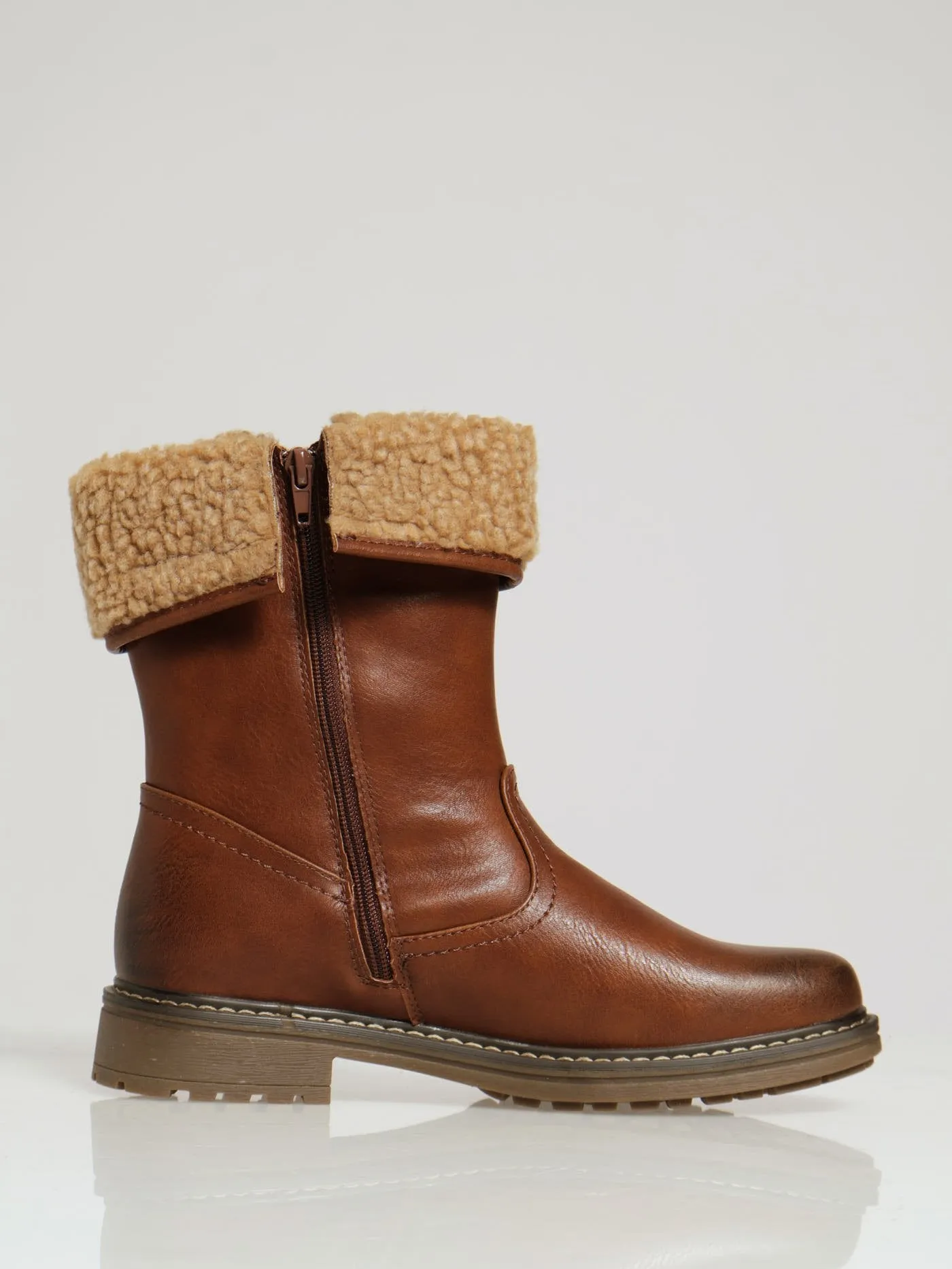 Sherpa Trim Boot With Low Heel - Tan