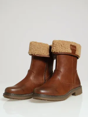 Sherpa Trim Boot With Low Heel - Tan