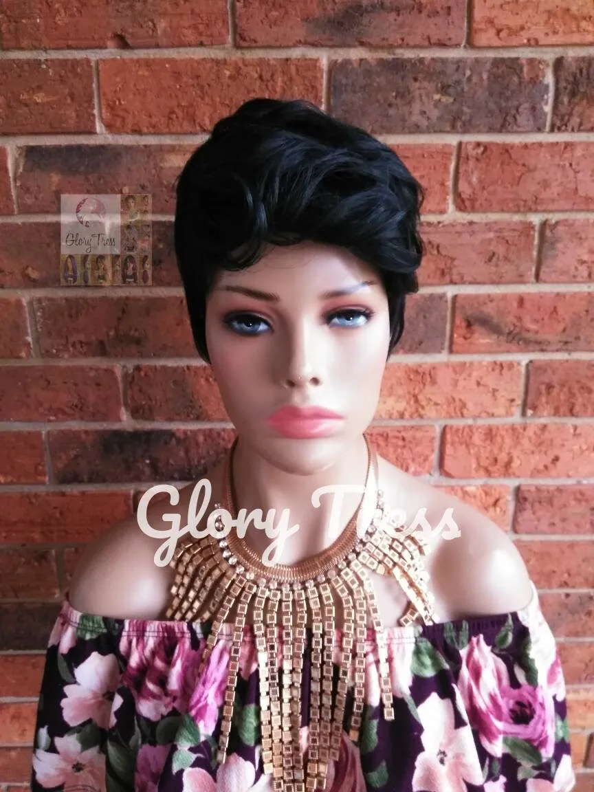 Short Razor Cut Full Wig, Pixie Cut Hairstyle, Short Green Wig, Black Wig, READY To SHIP // DEMAND