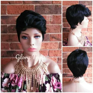 Short Razor Cut Full Wig, Pixie Cut Hairstyle, Short Green Wig, Black Wig, READY To SHIP // DEMAND