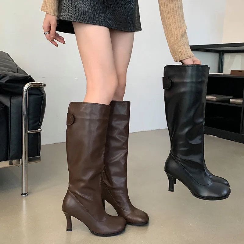 Simple High Heel Round Head High Leg Boot Commuter's All-matching Solid Color