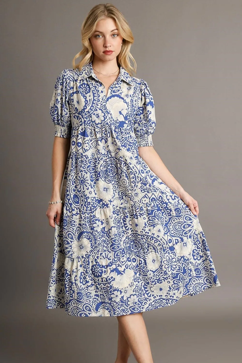 Smocked Cuff Puff Sleeve Midi Dress