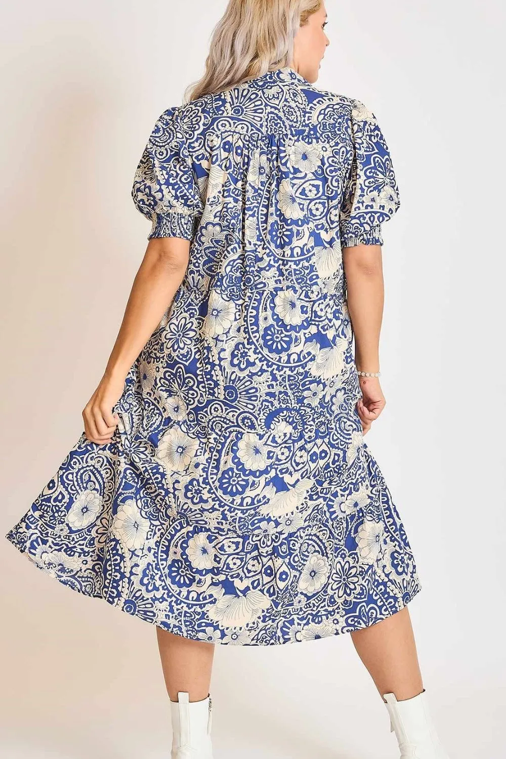 Smocked Cuff Puff Sleeve Midi Dress