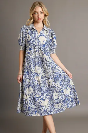 Smocked Cuff Puff Sleeve Midi Dress