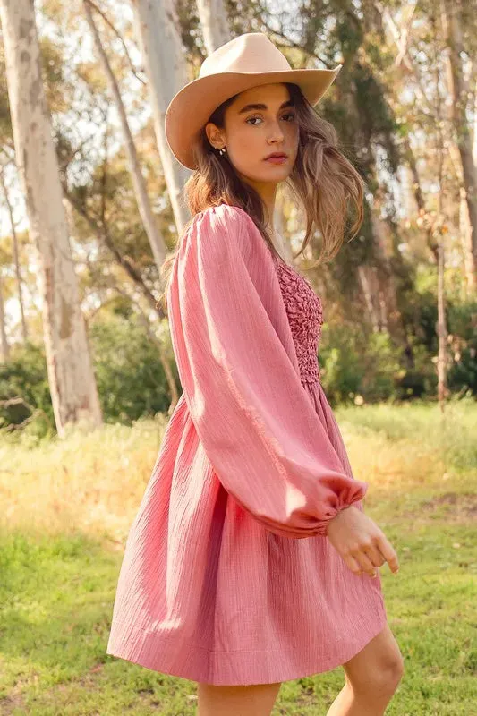 SO ME Textured Woven Smocked Dress