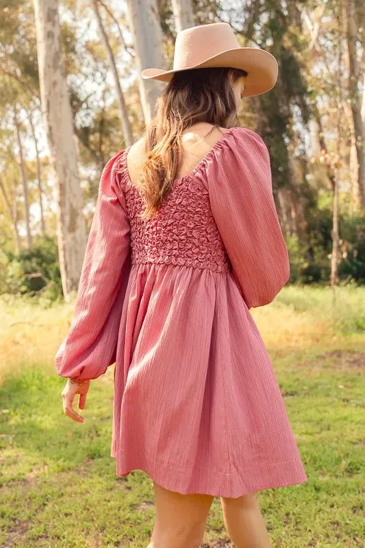 SO ME Textured Woven Smocked Dress