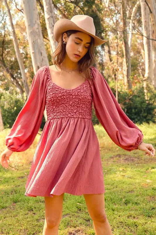 SO ME Textured Woven Smocked Dress
