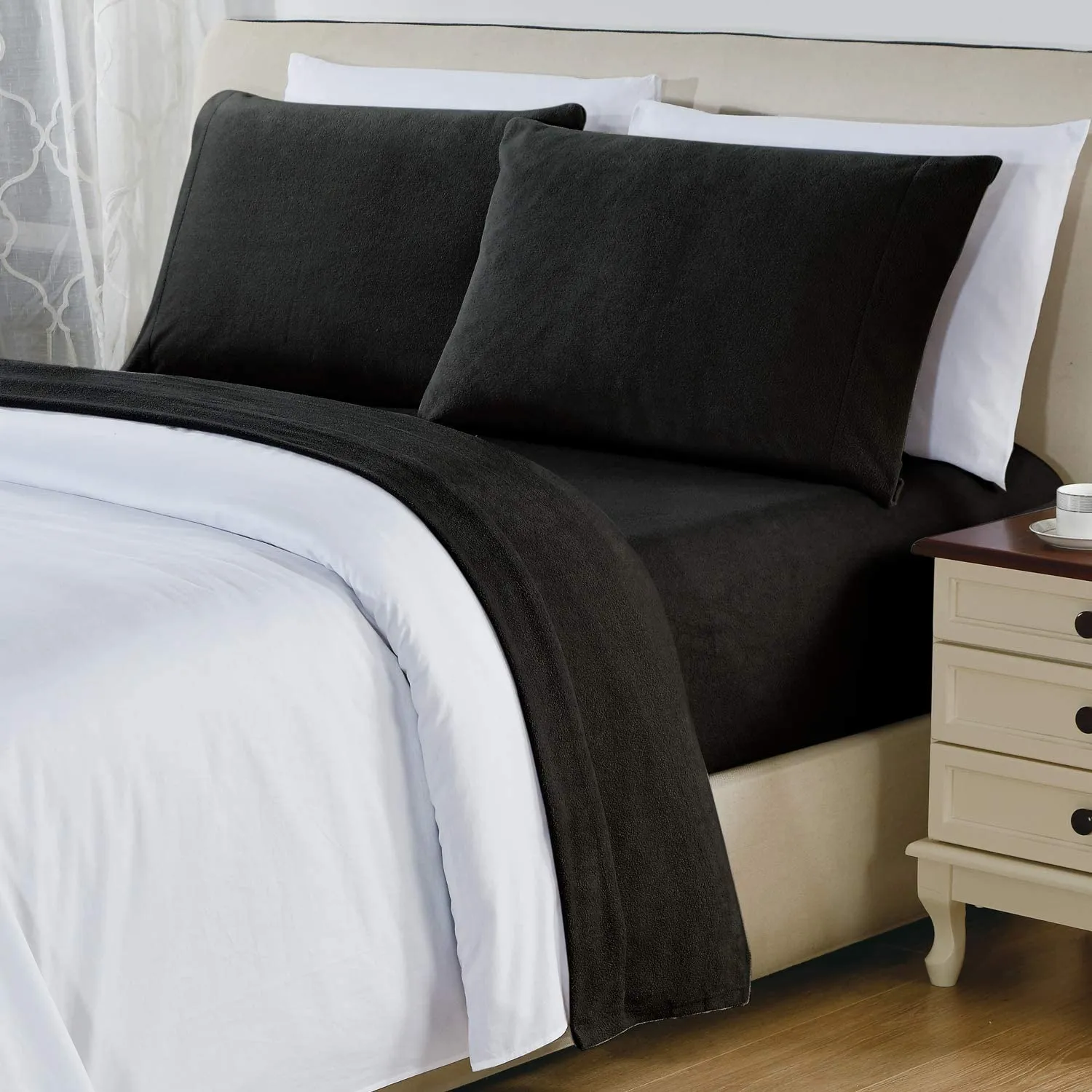 softan Polar Fleece Bed Sheet Set, Super Soft Plush Microfiber 4 Pcs, Easy Care and Breathable Bed Sheets with 15" Deep Pocket for All Seasons, Black, King
