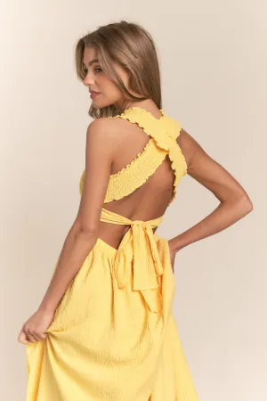 Sunny Sky’s Crisscross Back Tie Smocked Maxi Dress