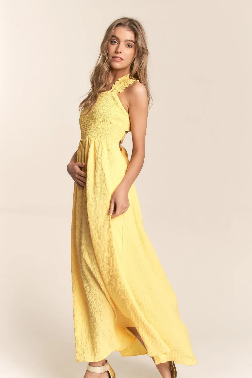 Sunny Sky’s Crisscross Back Tie Smocked Maxi Dress