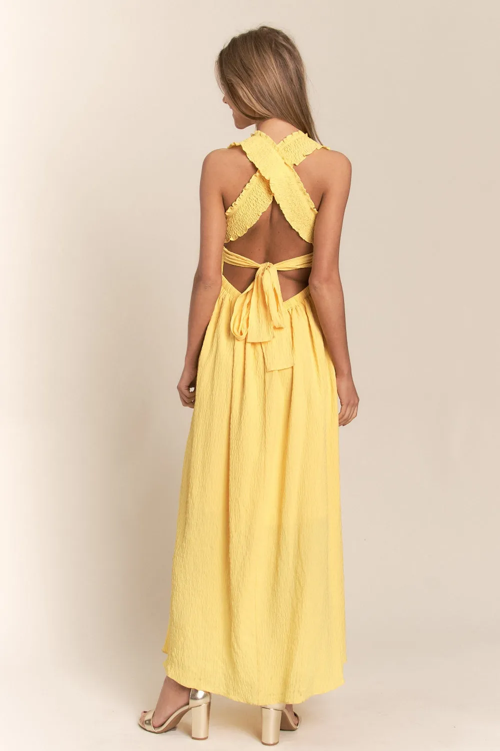 Sunny Sky’s Crisscross Back Tie Smocked Maxi Dress
