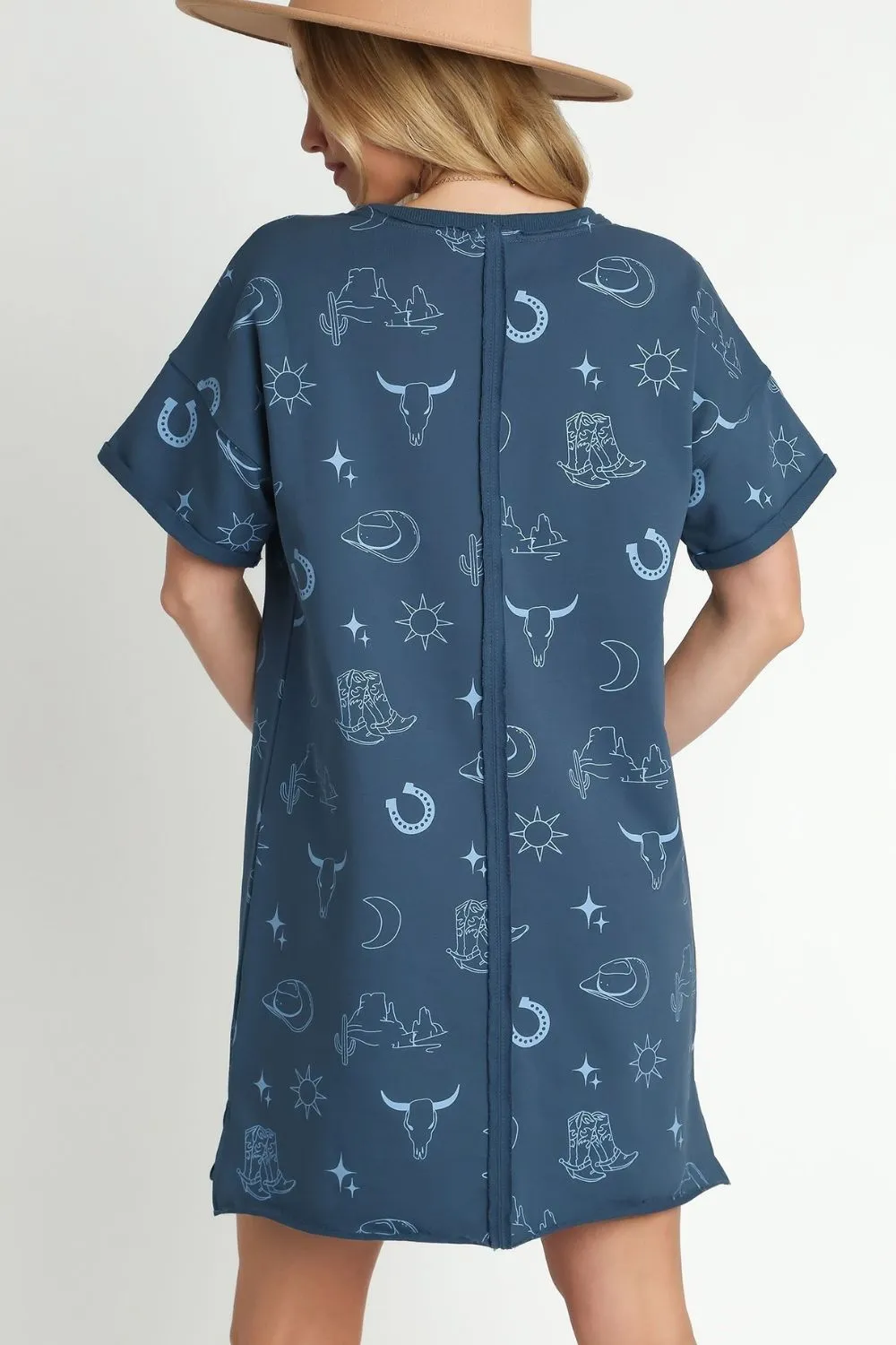 Umgee Full Size French Terry Short Sleeve Round Neck Dress Plus Size