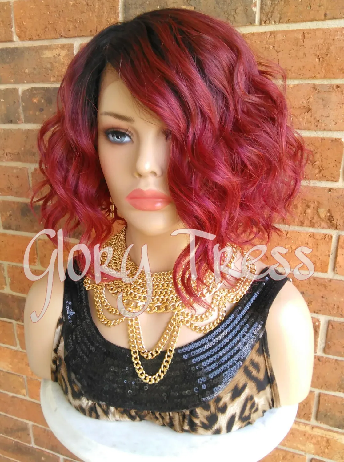 Wavy Bob Lace Front Wig, 100% Human Hair Blend, Ombre Red Wig // DELIGHT ( Free Shipping)