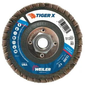Weiler® Tiger® X Flap Disc, 4-1/2 in Angled, 80 Grit, 5/8 in to 11 Arbor, 51207