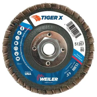 Weiler® Tiger® X Flap Disc, 4-1/2 in Angled, 80 Grit, 5/8 in to 11 Arbor, 51207