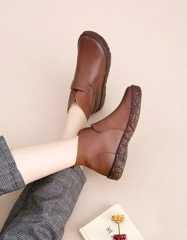 Winter Retro Leather Women's Black Boots Plush