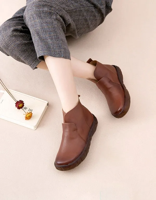 Winter Retro Leather Women's Black Boots Plush