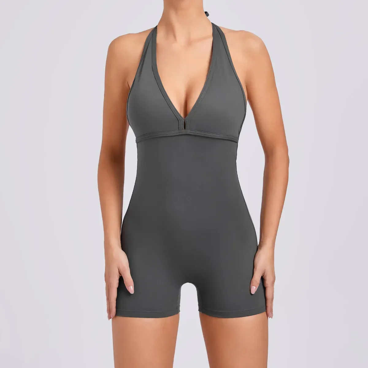 Zuzu Halter Open-Back Scrunch-Butt Workout Romper