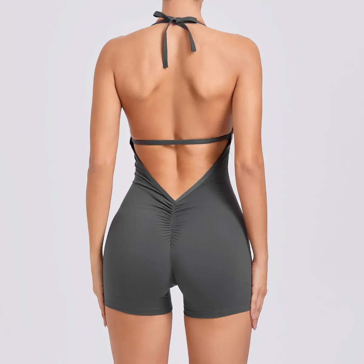 Zuzu Halter Open-Back Scrunch-Butt Workout Romper