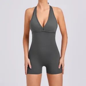 Zuzu Halter Open-Back Scrunch-Butt Workout Romper